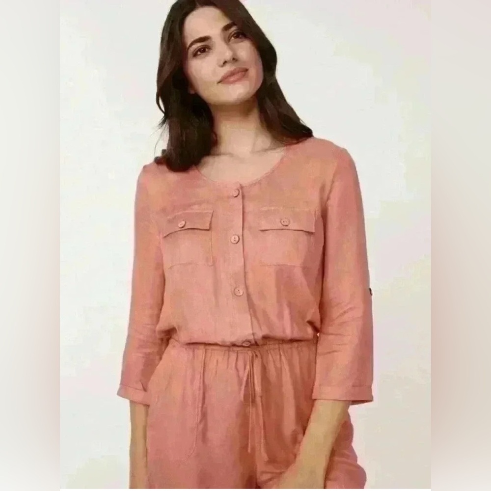 LA VIE EN ROSE Blush/Pale Coral Collared Jumpsuit with Rolled Sleeves - Picture 10 of 10